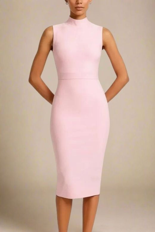 Woman wearing a figure flattering Grace Bandage Midi Dress - Dusty Pink Bodycon Collection