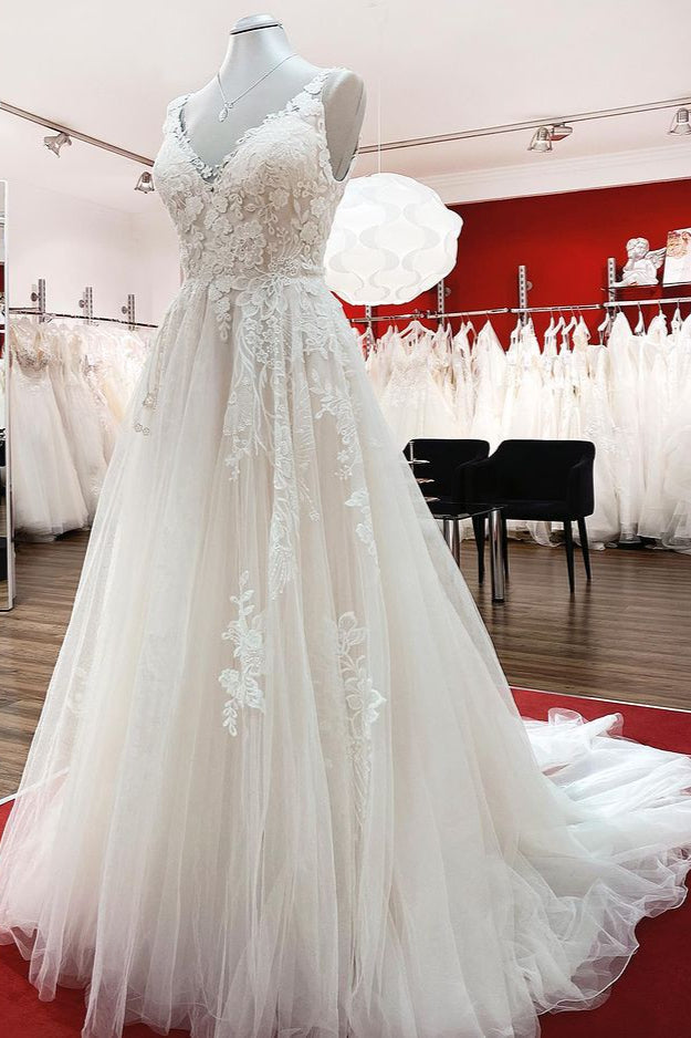 Graceful Ivory Tulle V Neck Lace Ruffles A-Line Wedding Dresses (ZD17498)