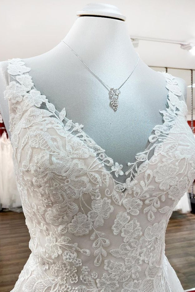 Graceful Ivory Tulle V Neck Lace Ruffles A-Line Wedding Dresses (ZD17498)