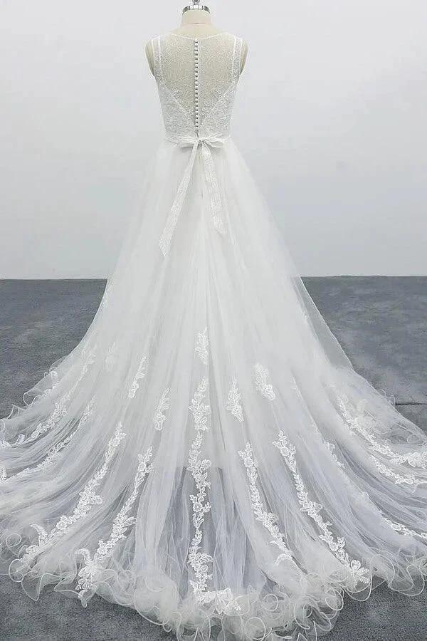 Graceful Long A-line Appliques Tulle Backless Wedding Dress (ZD15786)