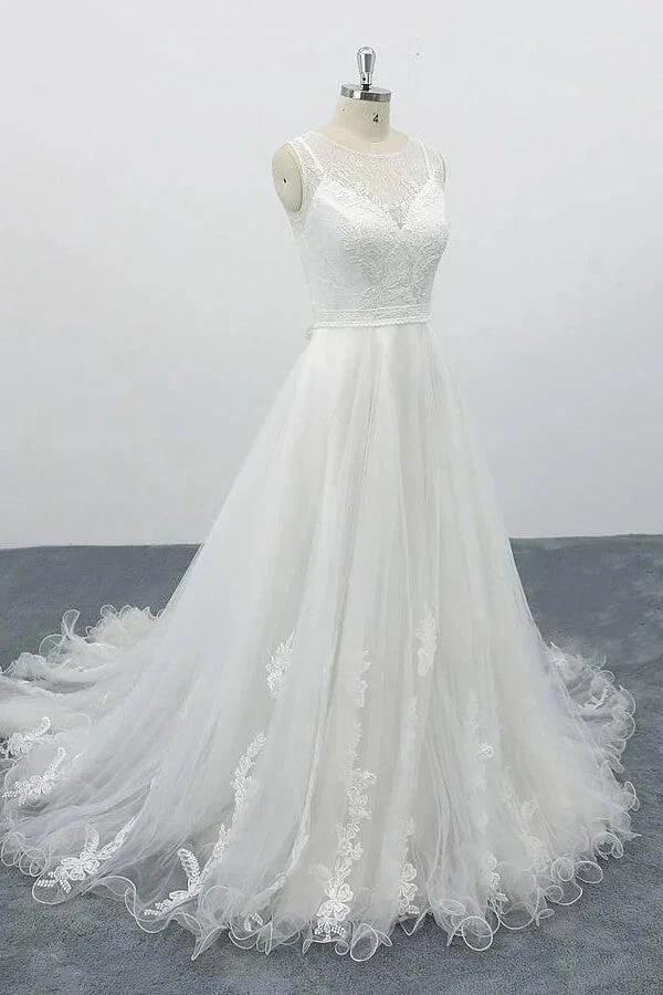 Graceful Long A-line Appliques Tulle Backless Wedding Dress (ZD15786)