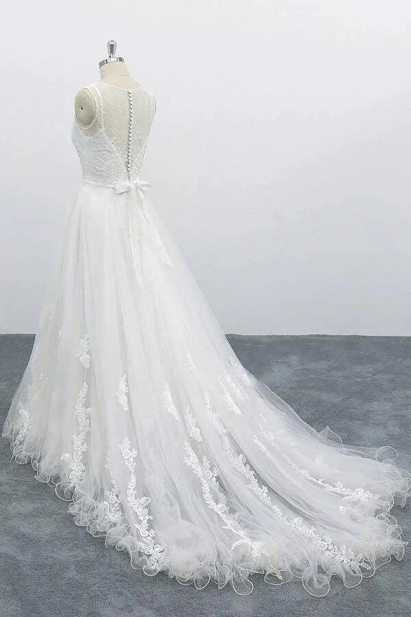 Graceful Long A-line Appliques Tulle Backless Wedding Dress (ZD15786)