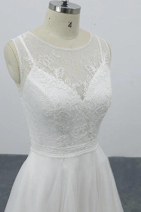 Graceful Long A-line Appliques Tulle Backless Wedding Dress (ZD15786)