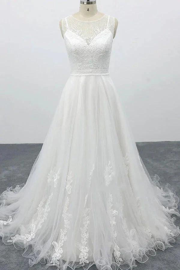 Graceful Long A-line Appliques Tulle Backless Wedding Dress (ZD15786)