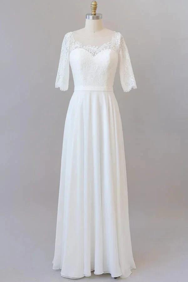 Graceful Long A-line Lace Chiffon Wedding Dress with Sleeves (ZD14385)