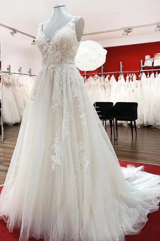 Graceful Long A-line Tulle V Neck Lace Open Back Wedding Dresses (ZD15267)