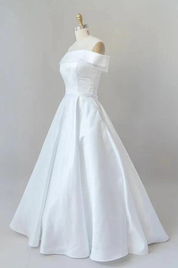 Graceful Long Ball Gown Off Shoulder Satin Wedding Dress (ZD14378)