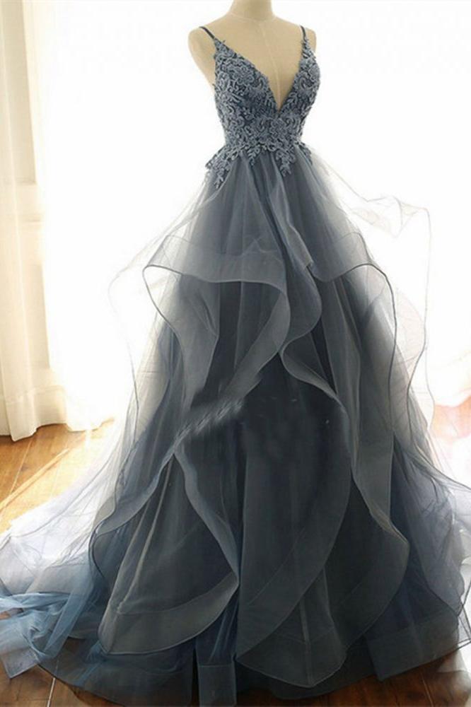 Gray Evening Dresses Tulle V-Neck Ruffles Long Spaghetti Lace Beading Prom Party Gowns