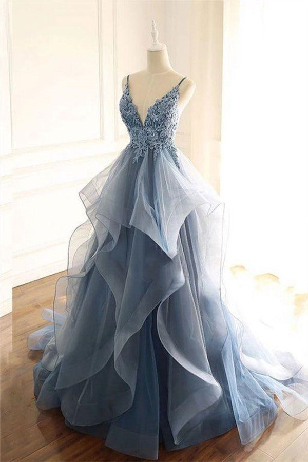 Gray Evening Dresses Tulle V-Neck Ruffles Long Spaghetti Lace Beading Prom Party Gowns