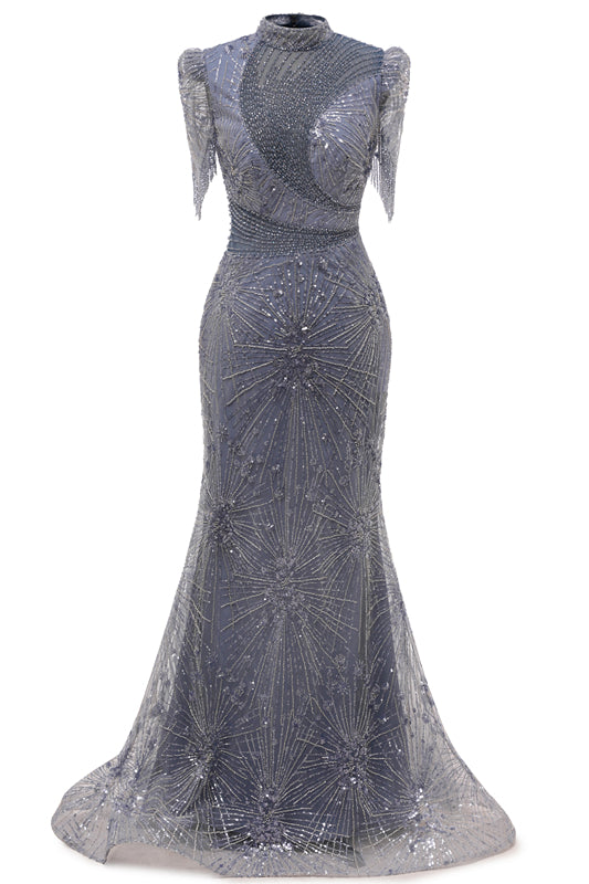 Gray Mermaid Sparkle Half Sleeves V-Neck High neck Evening Dresses