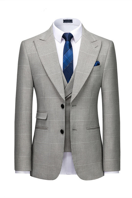 Gray Plaid Designer Peaked Lapel Slim-Fit Men Suit for Prom
