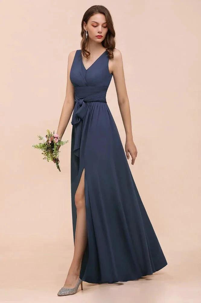 Gray Side Split Bridesmaid Dress V-Neck Sleeveless Floor Length dress for Bride (ZD13019)