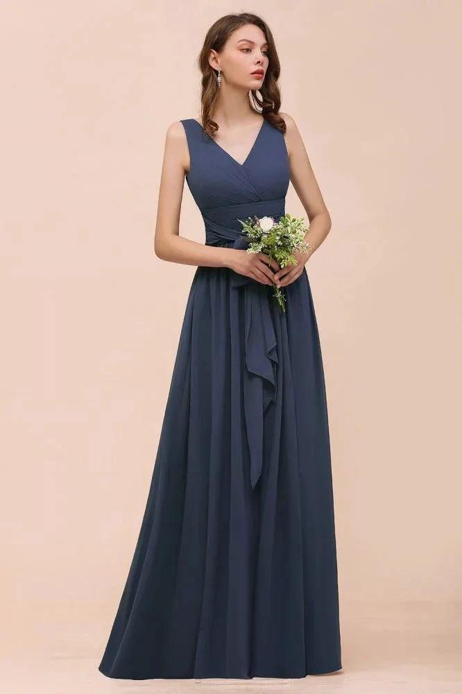 Gray Side Split Bridesmaid Dress V-Neck Sleeveless Floor Length dress for Bride (ZD13019)