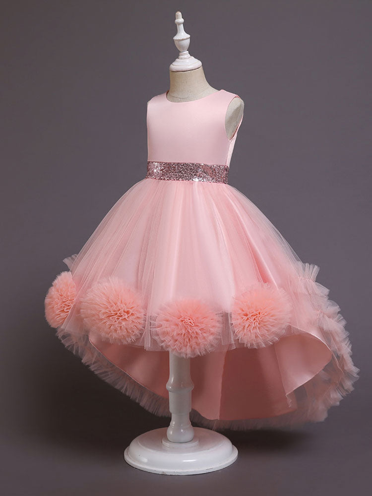 Green Jewel Neck Sleeveless Bows Tulle Cotton Sequined Kids Party Dresses