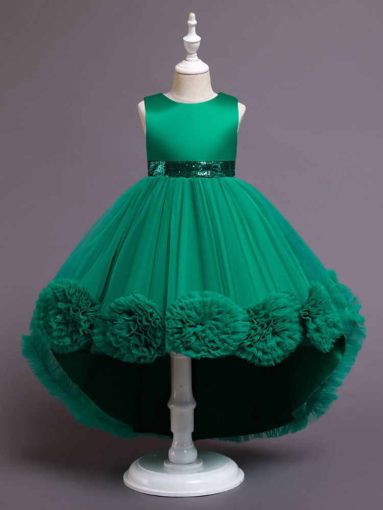 Green Jewel Neck Sleeveless Bows Tulle Cotton Sequined Kids Party Dresses