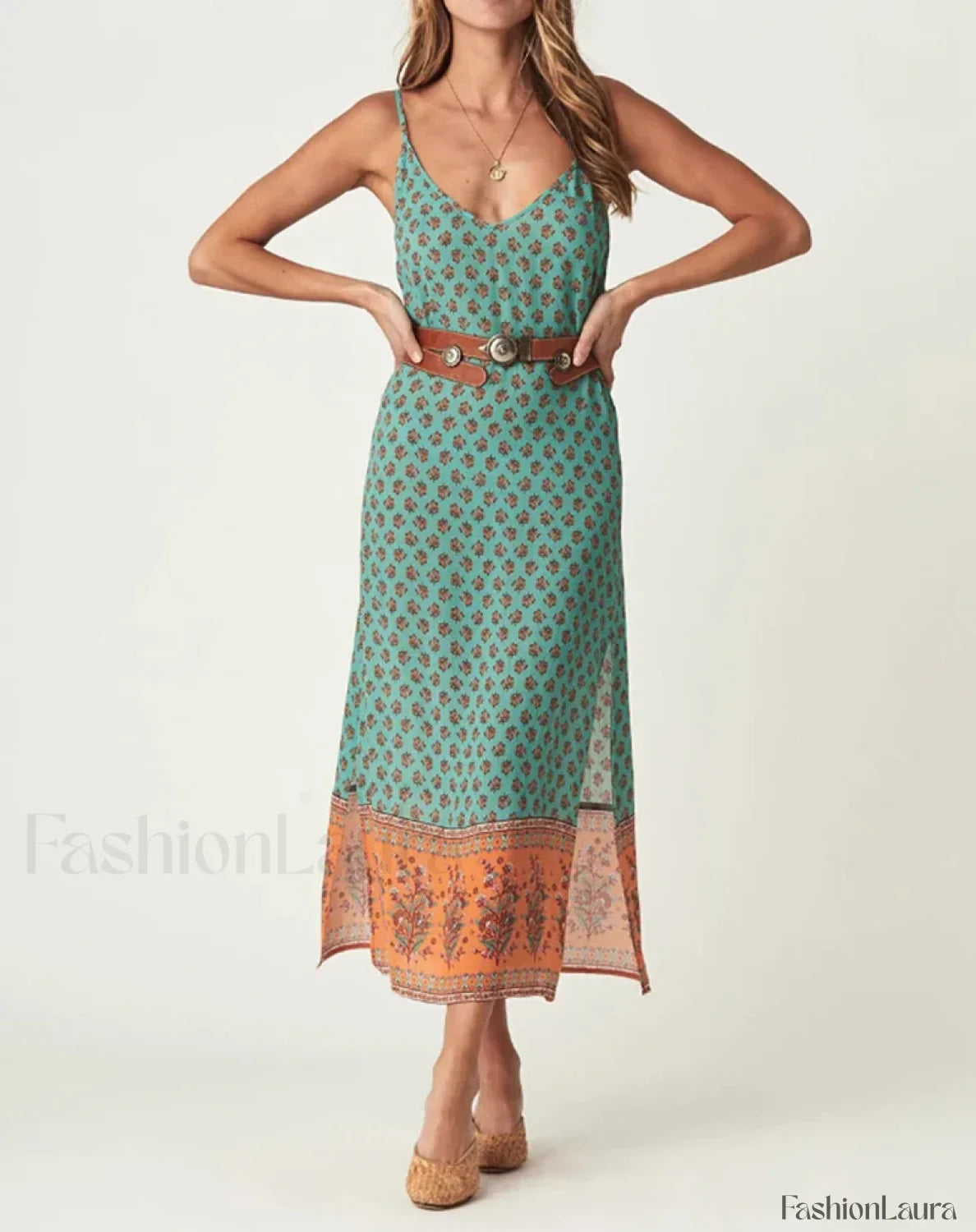 Green Side-Slit Rayon Boho Dress