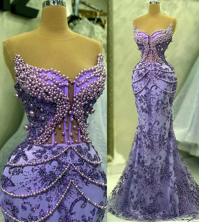 Purple Mermaid Evening Dress Beaded Formal Prom Gown - View 4 | FashionDia
