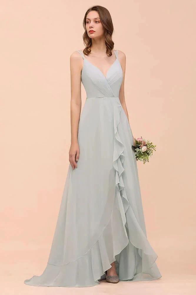 Grey Bridesmaid Dress Spaghetti V-Neck Ruffle Beach Wedding Party Dress (ZD12991)