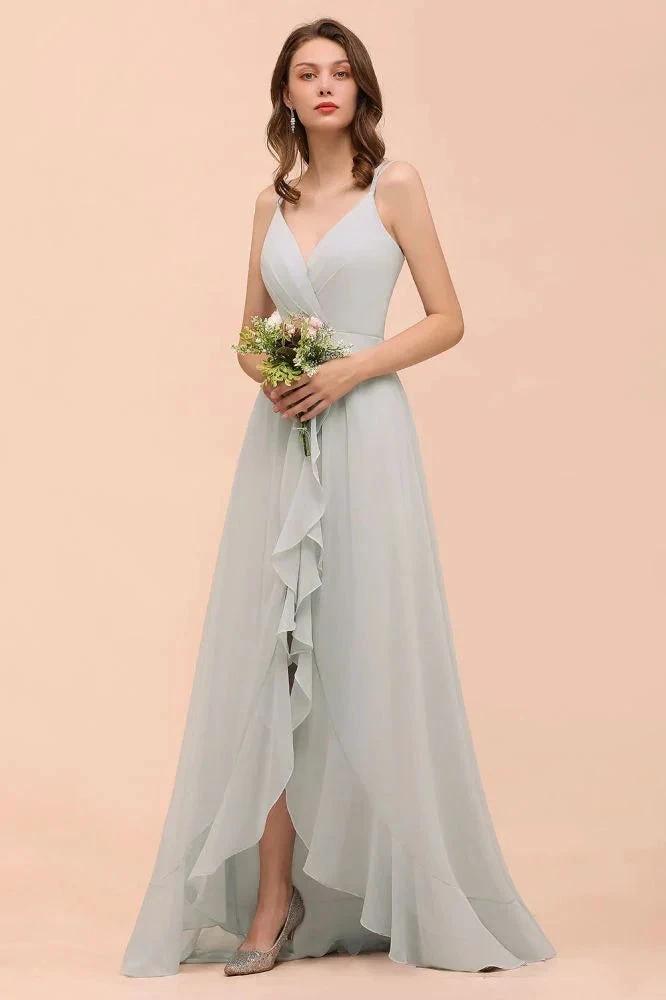 Grey Bridesmaid Dress Spaghetti V-Neck Ruffle Beach Wedding Party Dress (ZD12991)