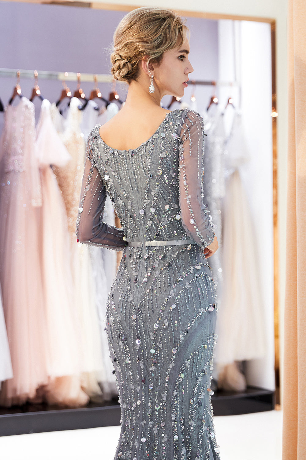 Grey Long Mermaid V-neck Tulle Evening Dresses with Sleeves - View 7 | VelvetHem