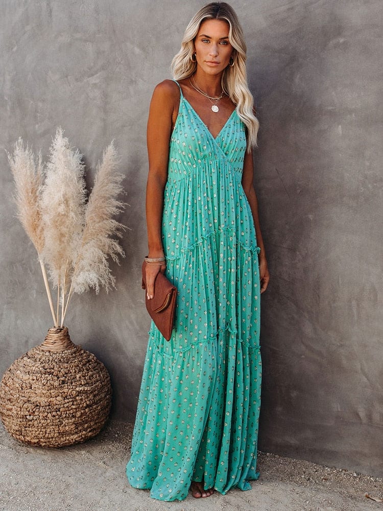 Camille Boutique Green V Neck Maxi Beach Dress Evening Wear Edit