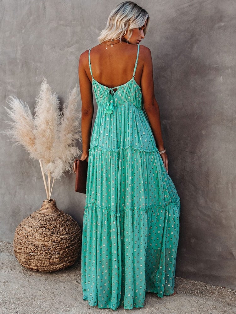 Camille Boutique Green V Neck Maxi Beach Dress Evening Wear Edit