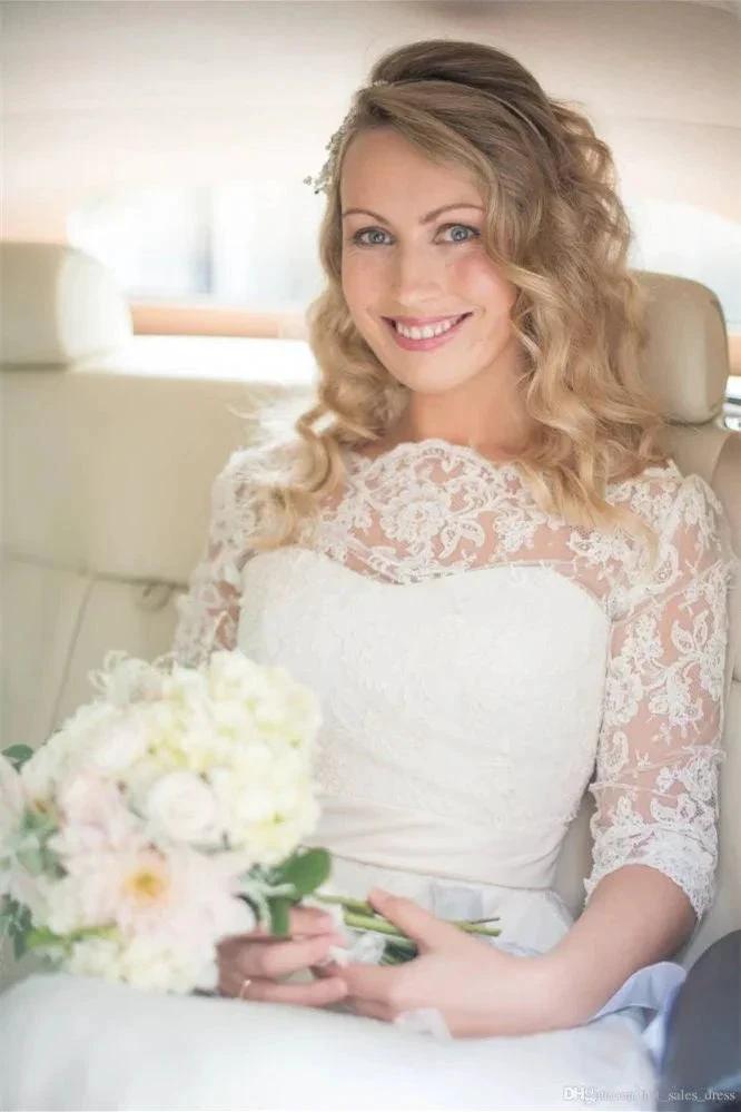 Half Sleeve Lace Wedding Dress Off-the-ShoulderV Back Bohemian Bridal Gown (ZD13796) - View 2 | VelvetHem