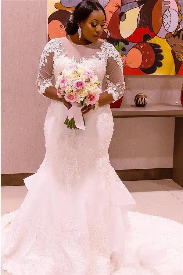 Half Sleeve Scoop Mermaid s Sheer Tulle New Wedding Dress (ZD13874)