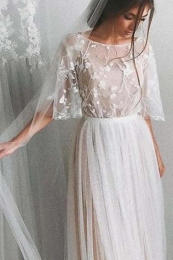 Half Sleeve Wedding Dresses A-line Elegant Simple Romantic Lace Bridal Gown (ZD16014)