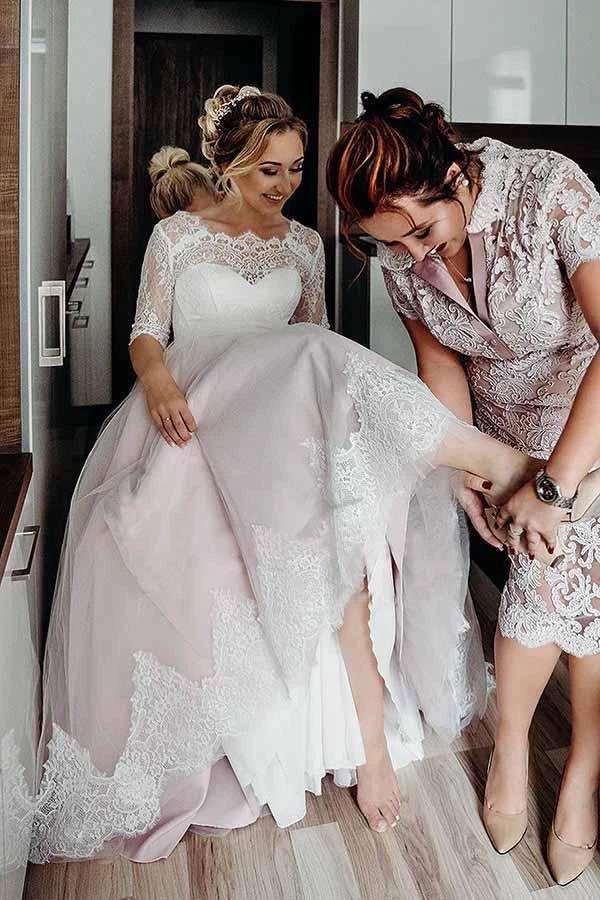 Half Sleeves Pink Backless Lace Up Floor Length Wedding Dress (ZD15363)