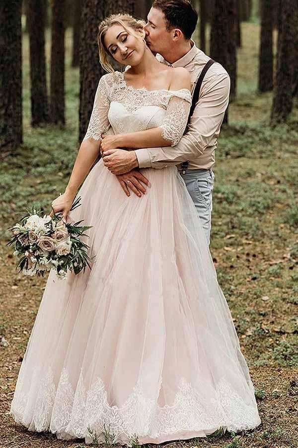 Half Sleeves Pink Backless Lace Up Floor Length Wedding Dress (ZD15363)