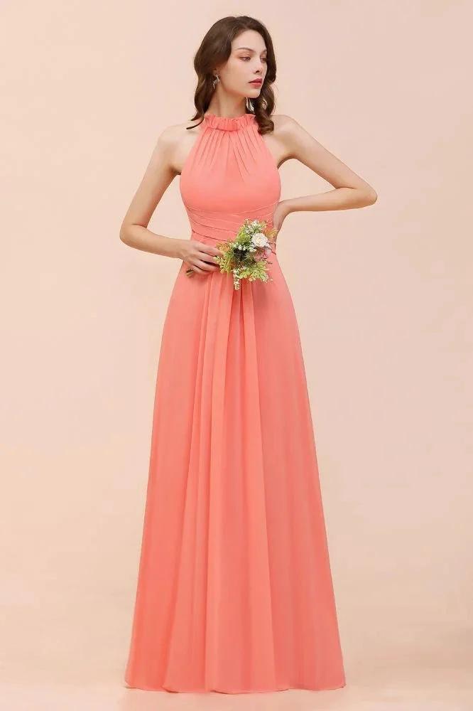 halter Beach Bridesmaid Dress Girls Coral Floor Length Wedding Party Dress (ZD12977)