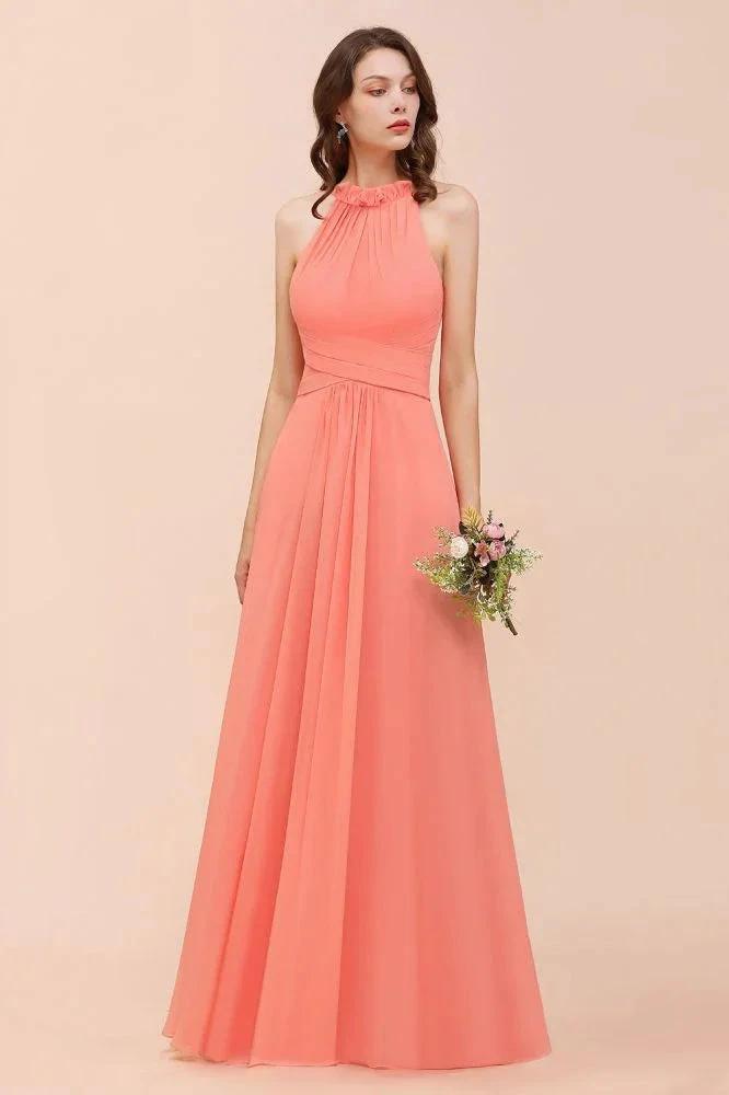 halter Beach Bridesmaid Dress Girls Coral Floor Length Wedding Party Dress (ZD12977)