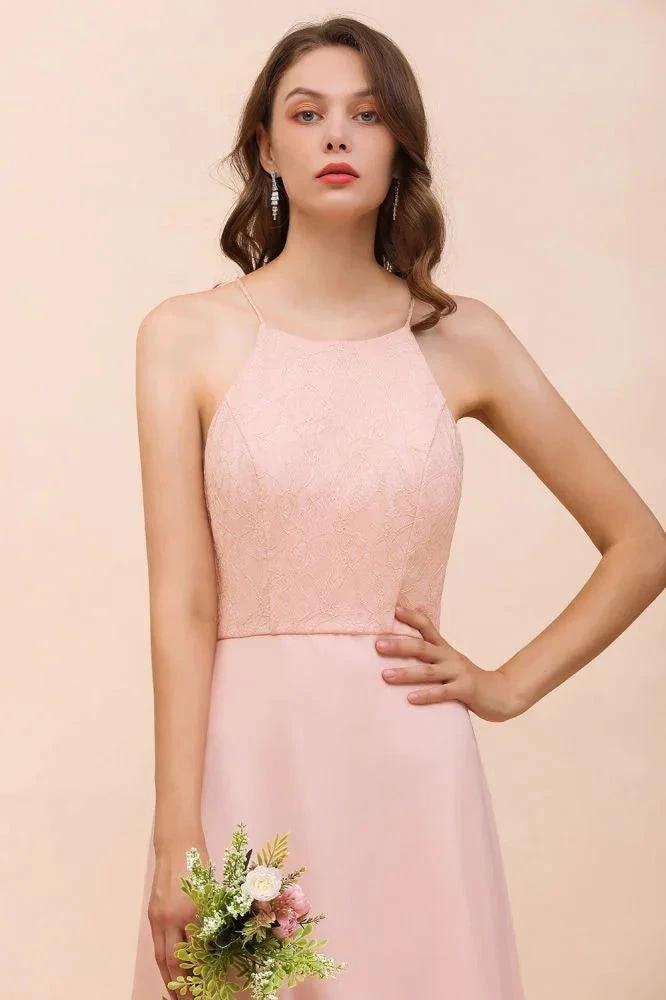 Halter Bridesmaid Dress Pink Floor Length Formal Event Dress (ZD12994)