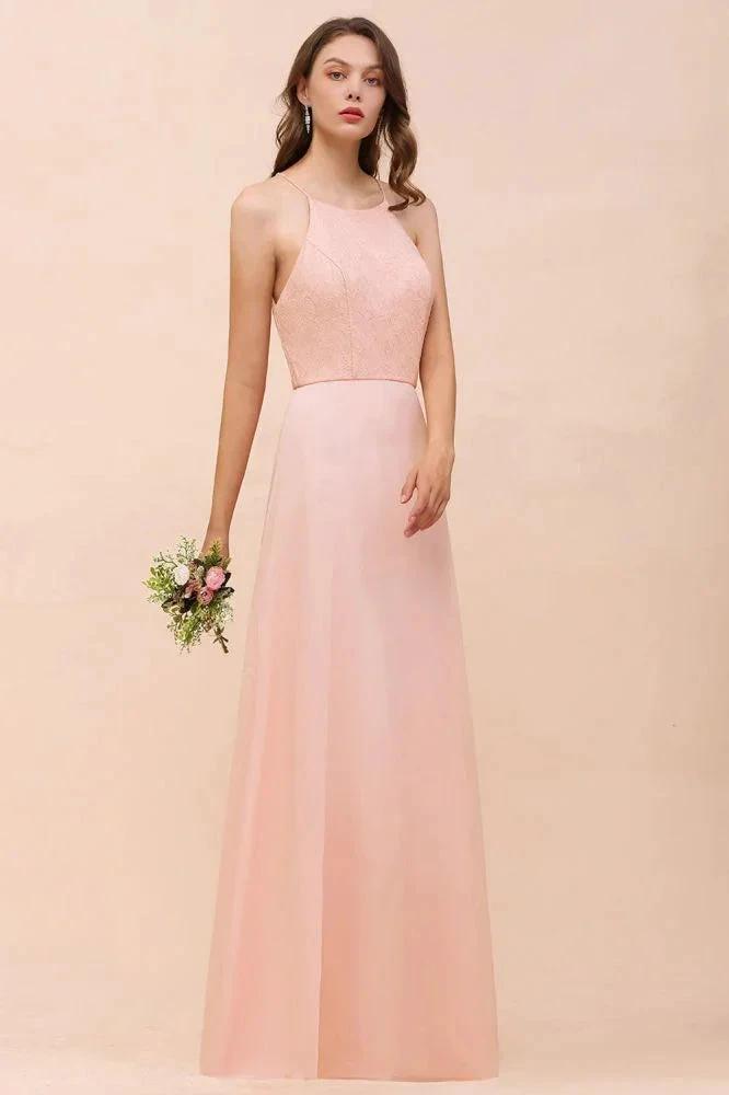 Halter Bridesmaid Dress Pink Floor Length Formal Event Dress (ZD12994)