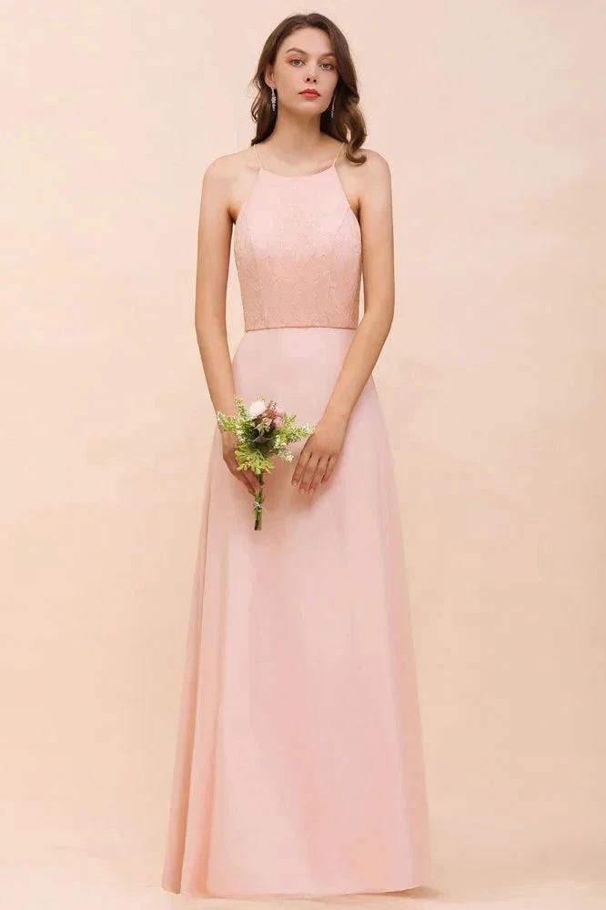 Halter Bridesmaid Dress Pink Floor Length Formal Event Dress by misshow.com