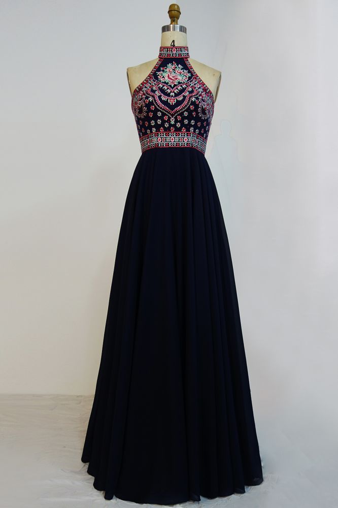 Halter Floor Length A-line Embroidered Flowers Black Prom Dresses - VelvetHem