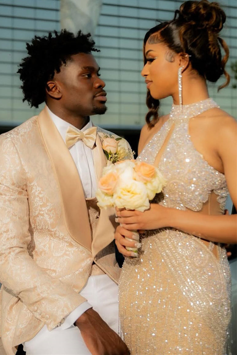 Halter High neck Champange Column Sparkle Prom Dresses
