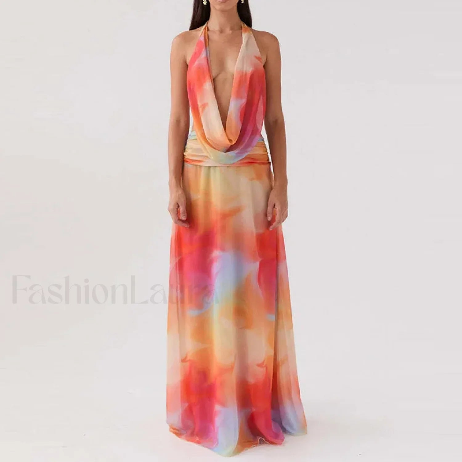 Halter High Waist Floral Dress 04 As Picture / S