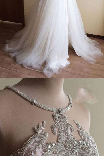 Halter Illusion neck High split A line Tulle Princess Wedding Dress
