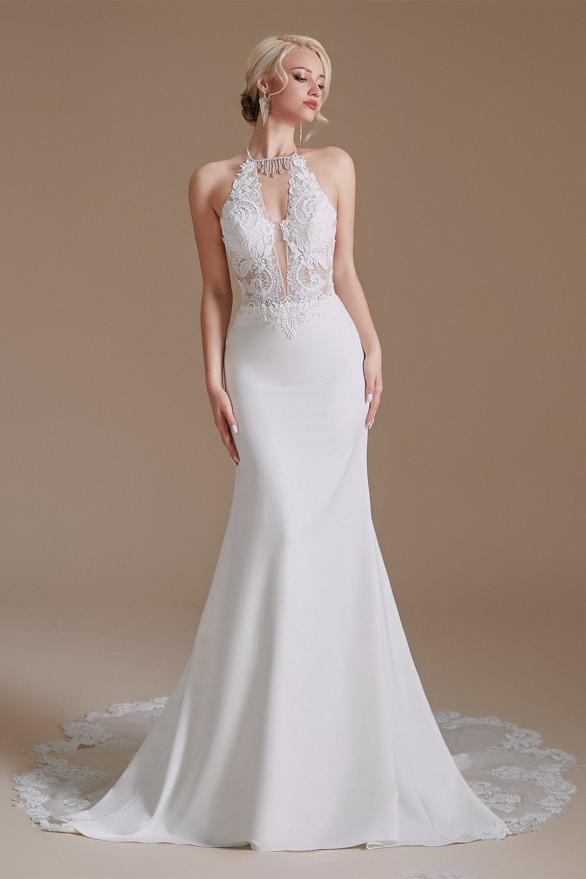 Halter Lace Applique Mermaid Wedding Dress