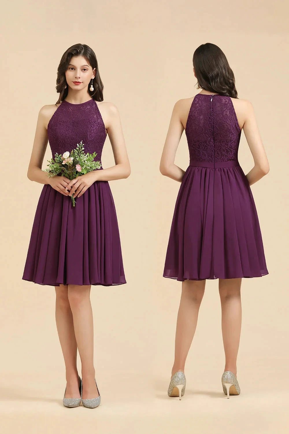 Halter Lace Bridesmaid Dress Chiffon Sleeveless Short Dress (ZD12878)