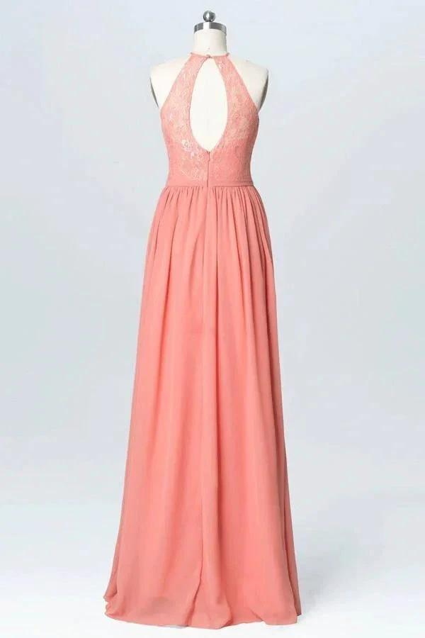 Halter Lace Long Chiffon Peach Bridesmaid Dresses (ZD13237)