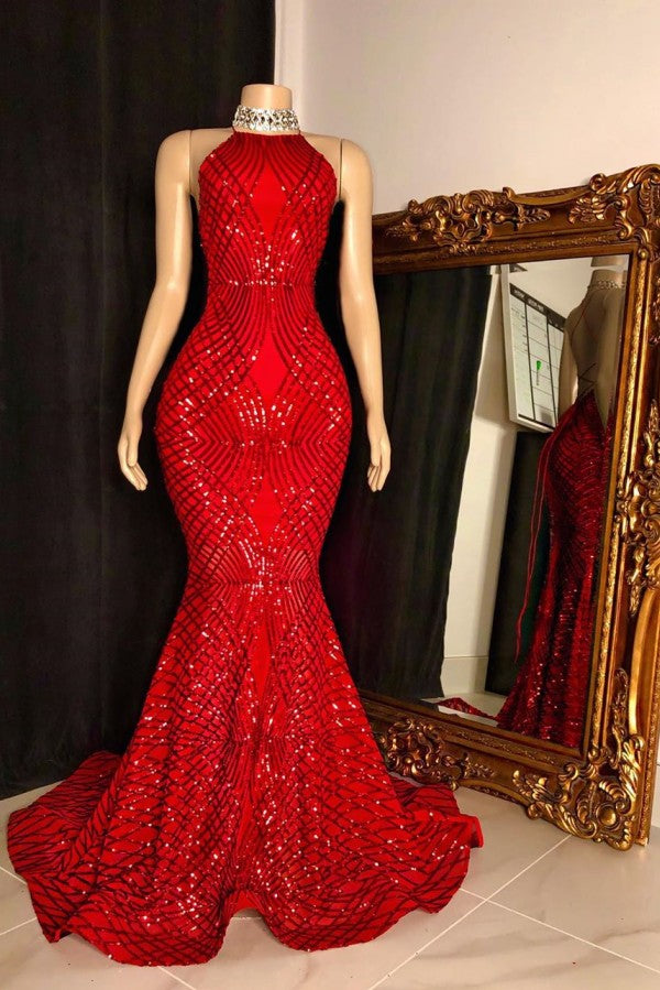Halter Lace-up Sequins Floor-Length Red Mermaid Prom Dresses