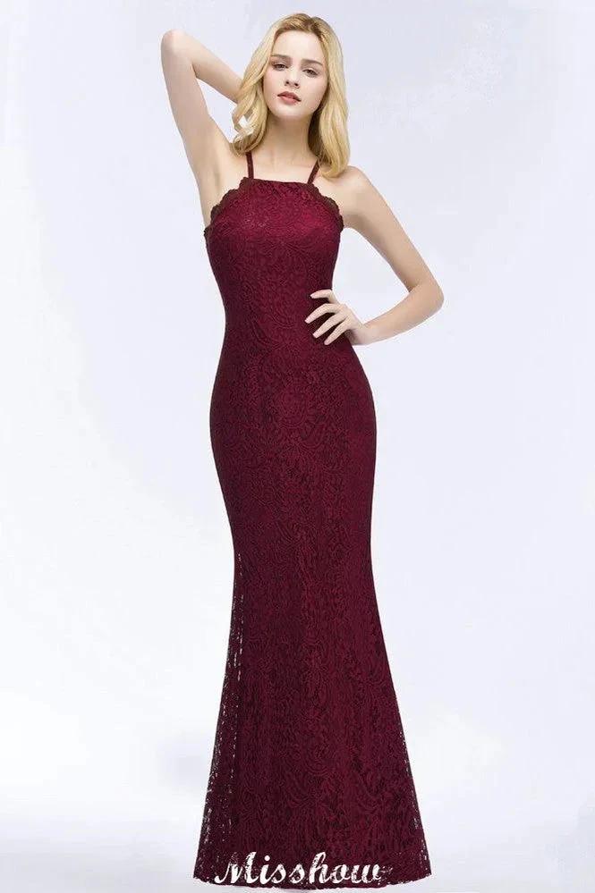 Halter Mermaid Evening Dress Floor Length Lace Burgundy Bridesmaid Dresses by misshow.com
