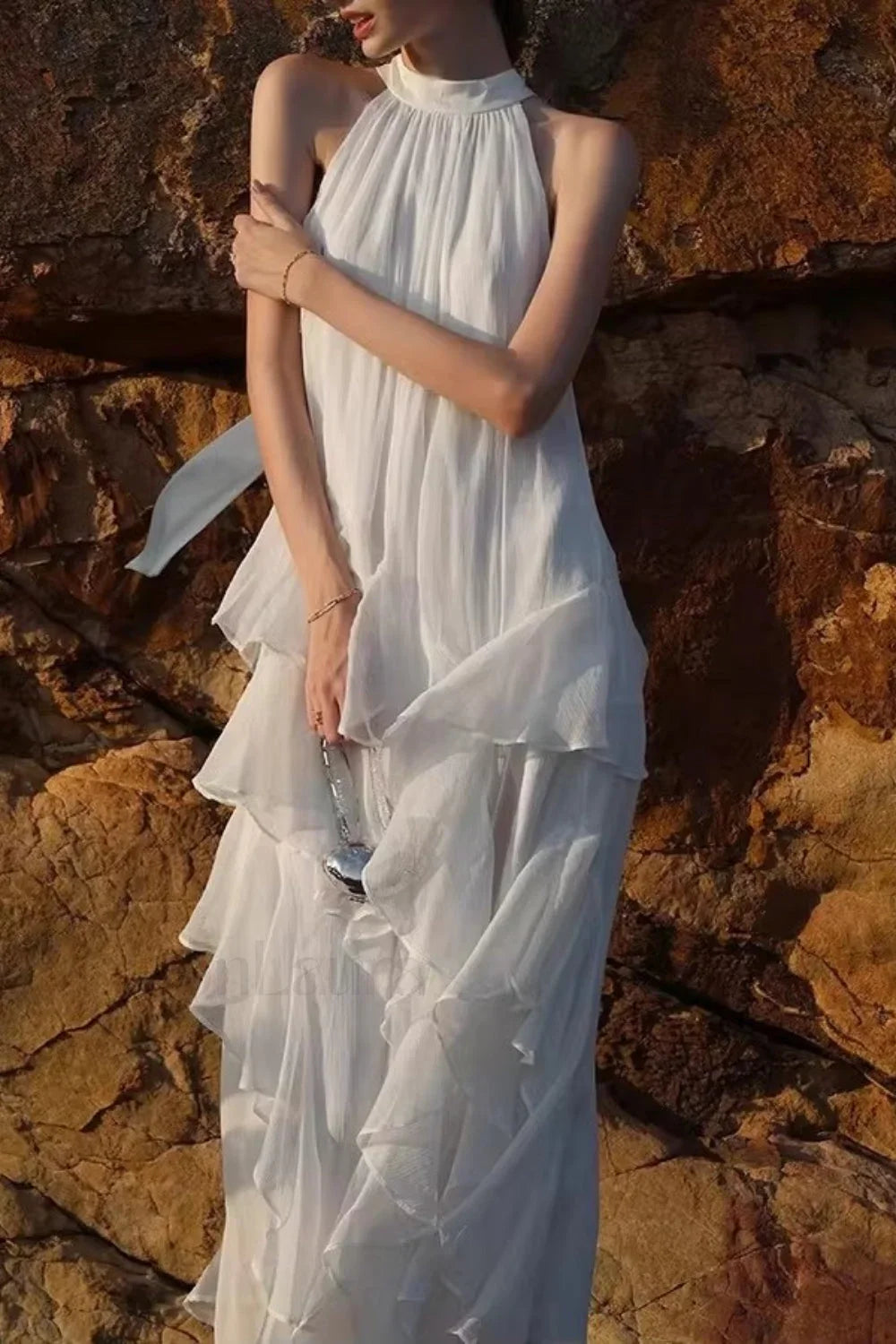 Halter Ruffled Vacation Dress with Relaxed Fit and Layered Outfit Styling