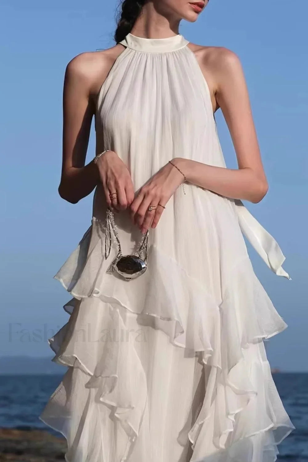 Halter Ruffled Vacation Dress with Relaxed Fit and Layered Outfit Styling