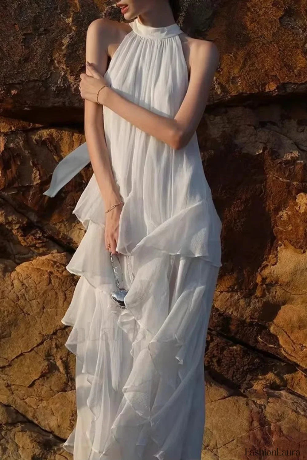 Halter Ruffled Vacation Dress with Relaxed Fit and Layered Outfit Styling