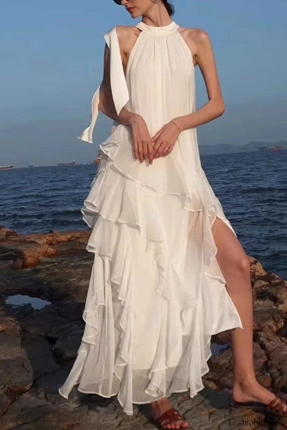 Halter Ruffled Vacation Dress with Relaxed Fit and Layered Outfit Styling