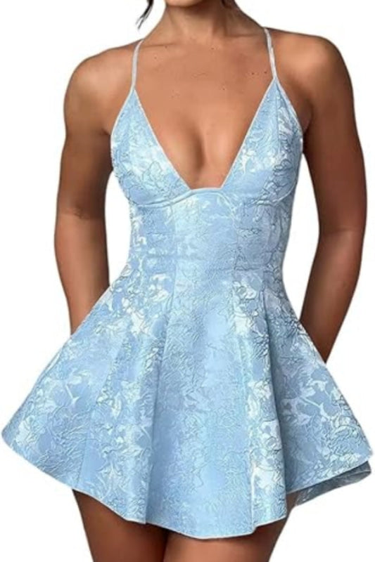 Halter Satin Mini Homecoming Dress Ruffle Floral Jacquard Short Party Dress